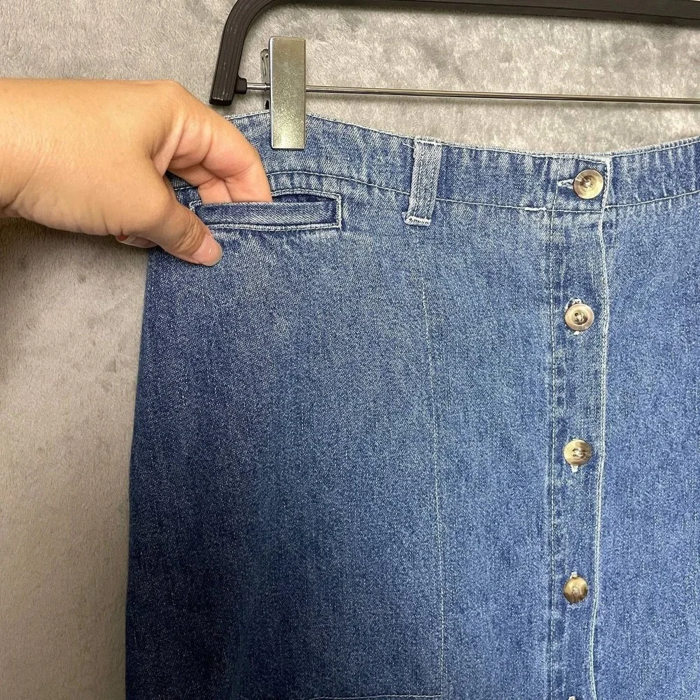 Denim Skirt 100% Cotton Size 16 Blue Button Front‎ Side Pockets A Line Long